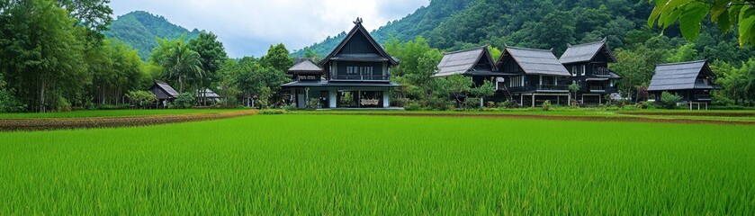 Obraz premium Lush green rice fields with traditional houses against a mountainous backdrop.