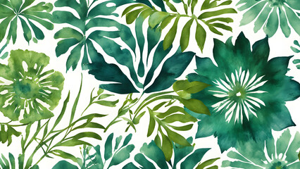 A green and white floral pattern with green leaves and flowers