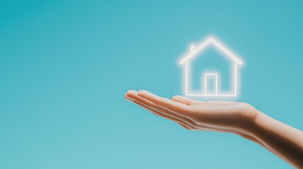 Naklejka premium Hand holding a glowing house icon on a blue background, symbolizing real estate and home ownership.