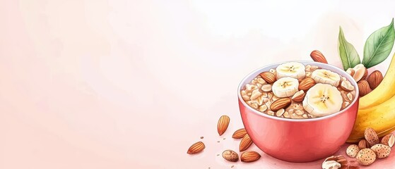 Healthy breakfast bowl with oats, banana slices, almonds, and a soft pink background.