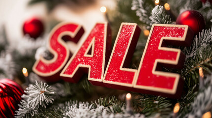 年末セールの公告文字ブロックをクリスマスツリーの上にオーナメントのように並べたAI生成画像