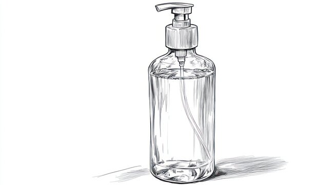 recommend clip art: A hand-drawn illustration of a glass bottle with a pump dispenser, depicting a bottle of liquid soap or hand sanitizer.
