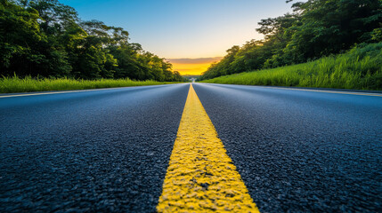 Straight Road Leading to the Horizon at Sunrise with a Clear Blue Sky