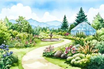 Lush garden path surrounded by vibrant flowers, greenery, and a greenhouse, set against a picturesque mountain backdrop.