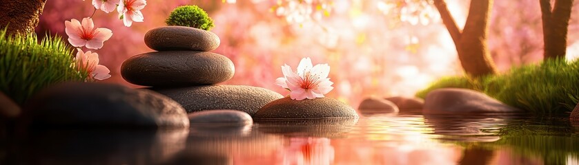 Serene stones by a tranquil river, surrounded by cherry blossoms and vibrant greenery under soft sunlight.