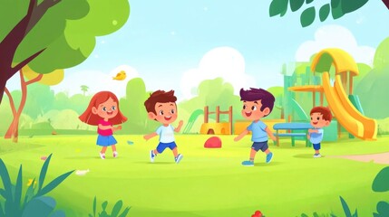 Fototapeta premium Group of kids playing in park, royalty-free, perfect for family and educational marketing