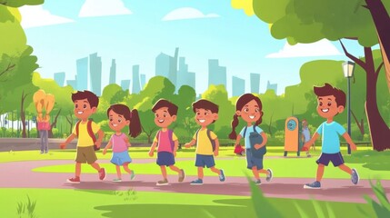 Fototapeta premium Group of kids playing in park, royalty-free, perfect for family and educational marketing
