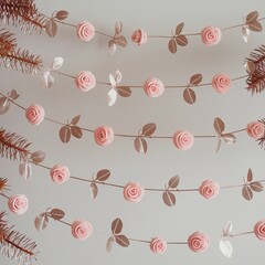 Beautiful blush pink fabric rose garland and metallic leaf streamers providing delicate feminine wedding or nursery wall decor.