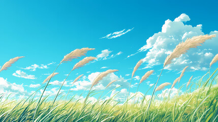 Obraz premium Angle with blue sky background scenery, anime style illustration, generative ai. Wind Spirit. Illustration