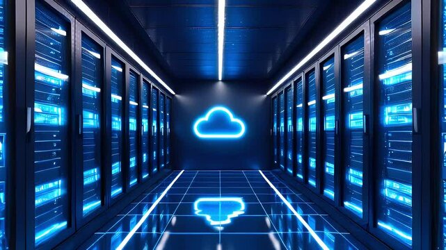 A long hallway with rows of servers on either side, lit by blue lights. A cloud icon glows on the wall at the end of the hallway.