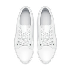Dynamic lifestyle sneakers realistic vector illustration object. Athletic footwear with shoelaces top-down view 3d model on white background