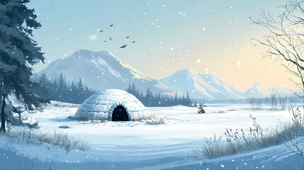 Fototapeta premium Artistic illustration of a traditional igloo in a snowy arctic landscape. Traditional Inuit Igloo. Illustration