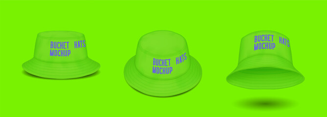 Stylish green bucket hats with design mockup realistic vector illustration set. Trendy caps for summer season 3d models on color background © ApoevArt