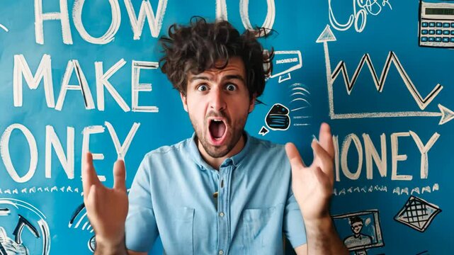 a man with shock and amazement expression standing at wall with word How to make money on wall