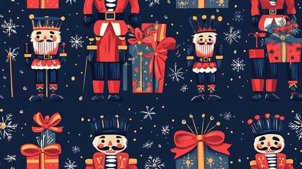 Cheerful holiday pattern of Nutcracker figures, toy soldiers with festive details, and wrapped gifts with bows, in a seamless design.