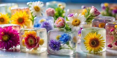 Close-up shot of colorful flowers frozen in ice cubes, flowers, ice cubes, colorful, frozen, close-up, nature, botanical