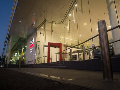 South Australia, Australia &ndash; October 10, 2024: Exterior view of CMI Toyota dealership with evening sky on West Terrace in Adelaide