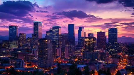 Obraz premium Captivating urban vista dusk city skyline illuminated by twinkling lights and vibrant colors