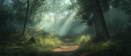 Fototapeta premium Serene forest trail at dawn with mist rising through trees capturing the tranquility of nature's awakening