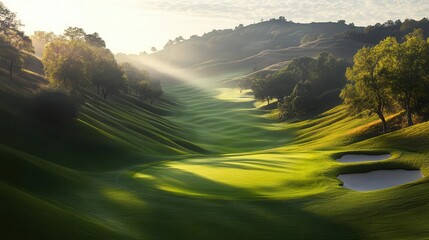 A scenic golf course landscape bathed in early morning light, with lush green fairways and gentle, rolling hills.