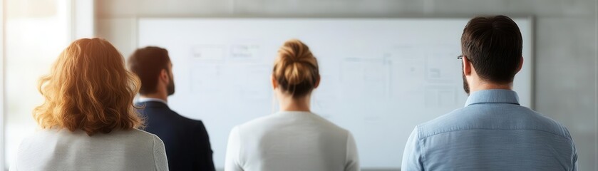A group of people from behind, facing a whiteboard in a bright setting, likely engaged in a discussion or presentation.