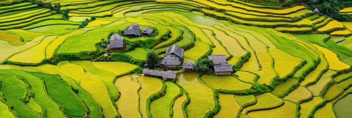Obraz premium Aerial view of terraced rice fields with traditional houses amidst vibrant green and yellow hues.