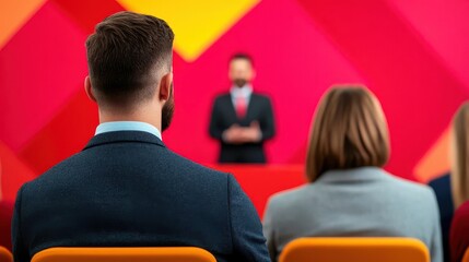 Obraz premium A group of professionals listening to a speaker at a conference, with a vibrant, colorful backdrop enhancing the atmosphere of engagement and learning.