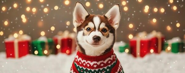 A cute dog in a festive sweater sits against a backdrop of twinkling lights and holiday presents, capturing the Christmas spirit.