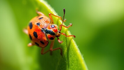 Fototapeta premium Vibrant Ladybug Explores Lush Green Leaf