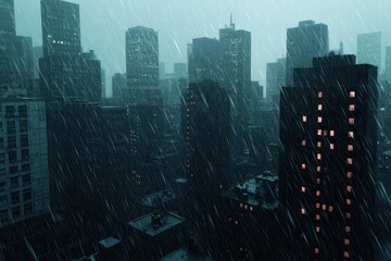 City skyline in heavy rain, illuminated windows against a dark, moody atmosphere.