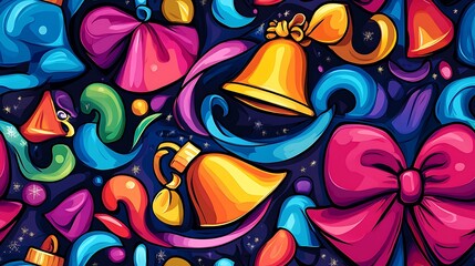 Obraz premium Fun and lively Christmas pattern of festive bells, holiday bows, and curling ribbons in bold, bright colors, arranged in a seamless layout.