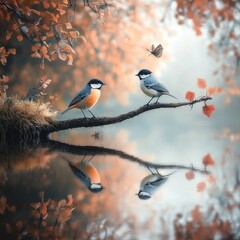 Two birds perched on a branch with a reflection in the water