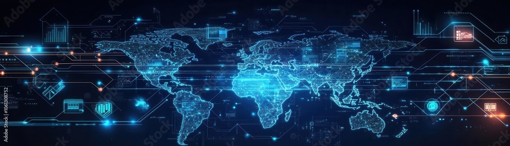Poster a digital world map with glowing connections and data points, illustrating global networking and geo