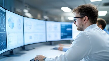 Fototapeta premium Data analyst monitors real-time metrics on multiple screens for enhanced decision making