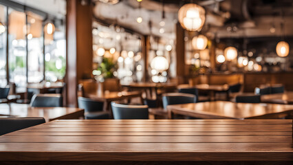 A restaurant with tables and chairs, and a wooden counter