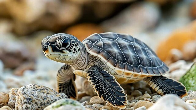 baby sea turtle on sand beach with bokeh light	