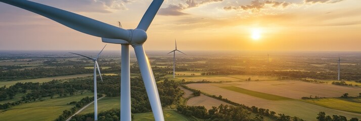 Fototapeta premium Wind turbines in a sunset landscape, promoting renewable energy and sustainability.
