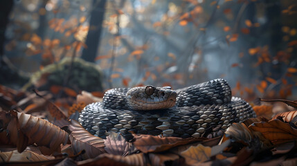 Russells viper snake with distinctive pattern in its natural habitat resting in autumn forest