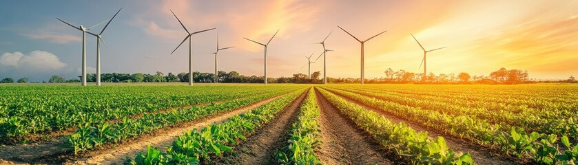 A scenic view of a green field with wind turbines at sunset.