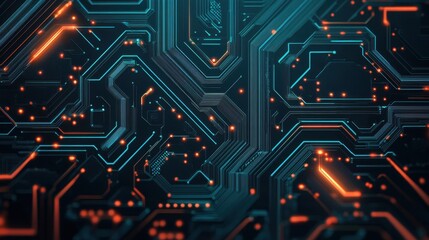 Obraz premium Abstract technology background featuring circuit patterns with glowing lines in blue and orange tones, ideal for modern digital design.
