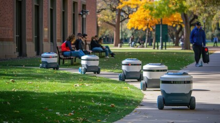 A line of compact food delivery robots sits poised on the sidewalk, embodying the future of convenient, contactless service.