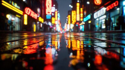 Vibrant city street at night reflecting colorful neon lights on wet pavement, creating a lively urban atmosphere.