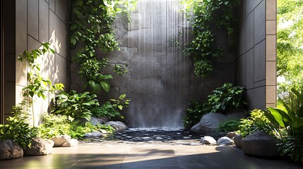 A lush living wall with a calming water feature, water gently flowing through a rocky stream surrounded by green plants, natural light filtering in, peaceful Zen garden feel, hyper-realistic.