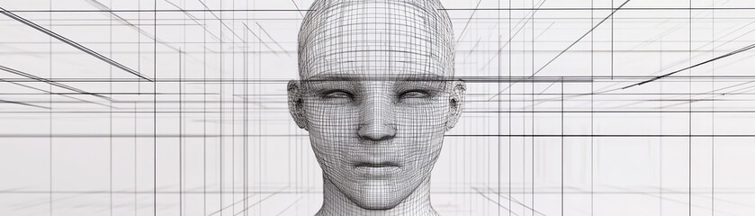Intricate 3d head model with a complex network of lines, exploring the intersection of technology and art. ideal for projects on design, innovation, creativity.