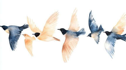 Obraz premium A graceful depiction of colorful birds in flight, showcasing delicate watercolor brushstrokes and ethereal movement.