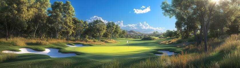 A scenic golf course landscape with lush greenery, sand traps, and a clear blue sky, inviting players to enjoy a round of golf in a serene environment.