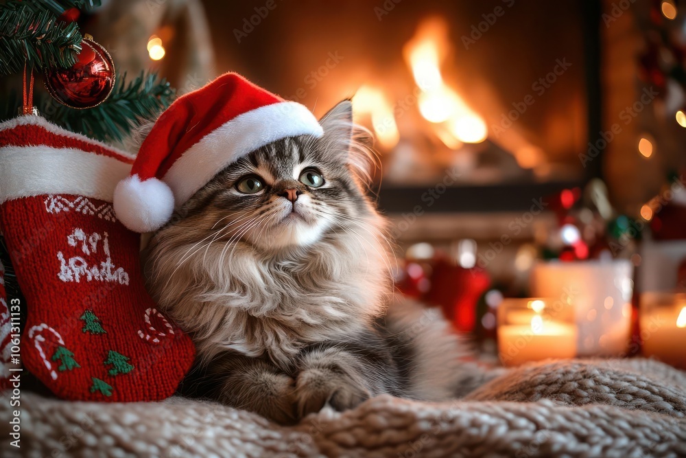 Wall mural a cozy christmas scene featuring a fluffy cat wearing a santa hat, surrounded by festive decorations