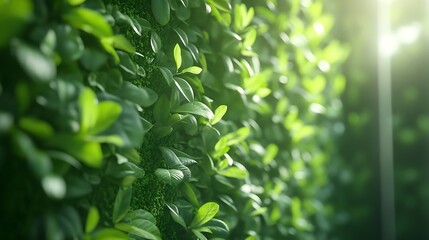 Fototapeta premium Compact vertical green wall in a hallway, densely arranged plants creating a natural oasis in a small space, ambient light highlighting greenery, highly realistic textures. --ar 16:9