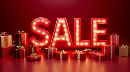 3D sale LED light sign with gift boxes present red golden neon lights festive background with copy space. for sale and promotion adivertising
