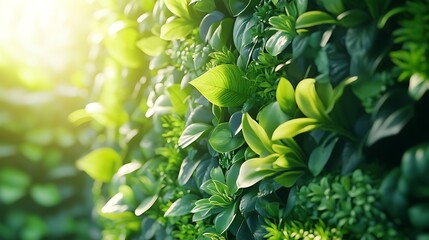 Eco-friendly indoor living wall with a variety of air-purifying plants, vibrant greens creating a fresh, clean atmosphere, soft ambient light highlighting textures, ultra-realistic, HD quality.